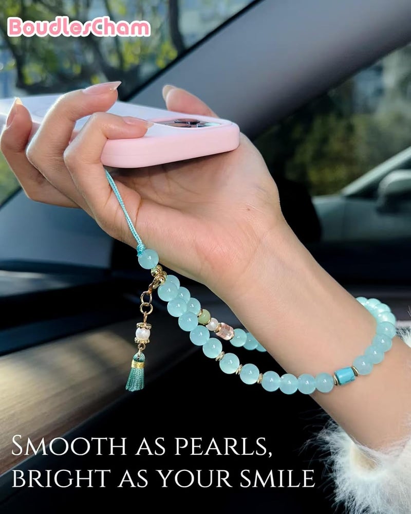 BoudlesCham Phone Charm – Cute Pearl Beaded Wrist Strap for Women, Aesthetic Phone Chain Wristlet for iPhone, Pixel, Camera & More, Perfect for Gifts, Birthdays & Holidays(Lake Blue) - Image 2